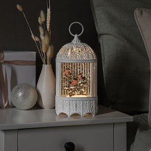 Konstsmide kerstverlichting - sneeuwlantaarn met 3 vogels op batterijen - 13,5 x 8 x 25 cm - antiek wit