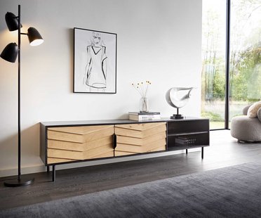 DELIFE Tv-meubel Muvi 200 cm natuur eiken mango zwart metaal zwart 2 deuren 2 vakken