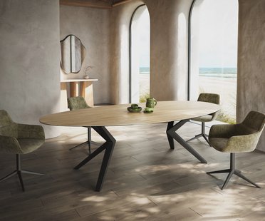 DELIFE Eetkamertafel Edge ovaal 280x130 keramiek Laminam® Sabbia eiken kleur Zenthara hoekig metaal zwart