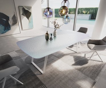 DELIFE Eetkamertafel Edge Boot 240x120 cm Reliefglas Parelmoer 3D-Design Metaal Schuin Wit