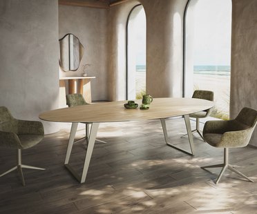 DELIFE Eetkamertafel Edge Oval 280x130 cm Keramiek Laminam® Sabbia eikenkleurig Metaal Schuin Effectafwerking Titan