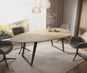 DELIFE Eetkamertafel Edge Oval 220x120 cm Keramiek Laminam® Sabbia eikenkleurig Metaal Schuin Zwart