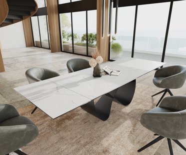 DELIFE Eetkamertafel Edge 200-300x100 cm Keramiek Laminam®Statuarietto Wit Infinity Metaal Zwart uitschuifbaar