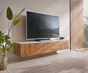 DELIFE TV-meubel Bahan 175 cm mango teak 2 deuren 2 laden marmeren blad wit zwevend