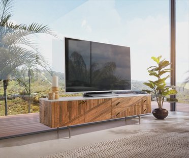 DELIFE Tv-meubel Bahan 175 cm mango teak  2 deuren 2 schuifladen marmerblad wit hoekpoot edelstaal