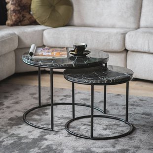 By-Boo Ronde Salontafel 'Romeo' Zwart Marmer, Set van 2 stuks