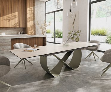 DELIFE Eettafel Edge 200-300x100 keramiek  Laminam® Travertino Bianco Creme-wit Infinity metaal effectafwerking Titan uitrekbaar
