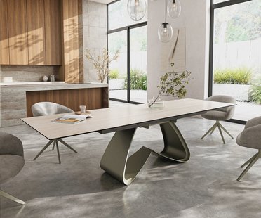 DELIFE Eettafel Edge 200-300x100 keramiek  Laminam® Travertino Bianco Creme-wit W-frame effectafwerking Titan uitrekbaar