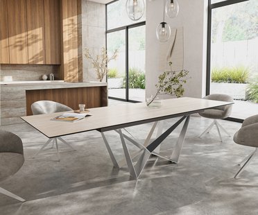 DELIFE Eettafel Edge 200-300x100 keramiek  Laminam® Travertino Bianco Creme-wit Spider vlak staal RVS uitrekbaar