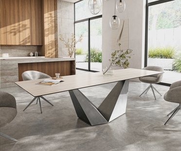 DELIFE Eettafel Edge 300x100 keramiek  Laminam® Travertino Bianco Creme-wit Prisma metaal zilver