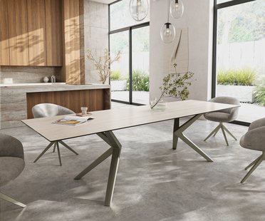 DELIFE Eettafel Edge 300x100 keramiek  Laminam® Travertino Bianco Creme-wit Zenthara kantig metaal effectafwerking Titan