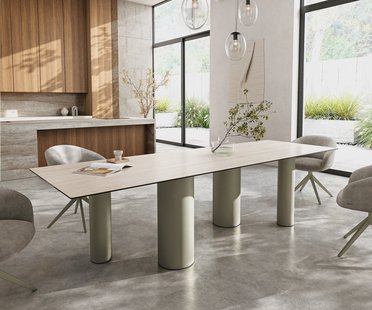 DELIFE Eettafel Edge 300x100 keramiek  Laminam® Travertino Bianco Creme-wit Pilier metaal effectafwerking Titan