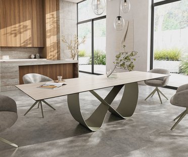 DELIFE Eettafel Edge 300x100 keramiek  Laminam® Travertino Bianco Creme-wit Infinity metaal effectafwerking Titan