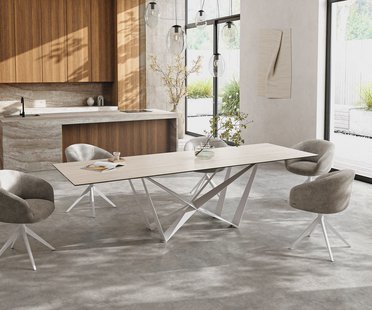 DELIFE Eettafel Edge 300x100 keramiek  Laminam® Travertino Bianco Creme-wit Spider metaal wit