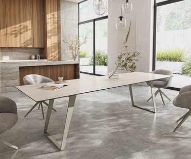 DELIFE Eetkamertafel Edge 300x100 cm Keramiek Laminam®Travertino Bianco Creme-Wit Metaal Schuin Effectafwerking Titan
