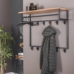 Kapstok 'Liona' Acaciahout en metaal, met 12 haken en plank