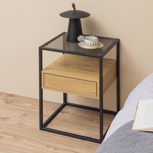 Bendt Nachtkastje 'Maikel' Eiken en glas, kleur Zwart / Eiken