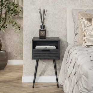LifestyleFurn Smal Nachtkastje 'Novy' Mangohout met 1 lade, kleur zwart