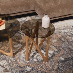 Dutchbone Ronde Bijzettafel 'Naia' Eikenhout en glas, 40cm, kleur Naturel