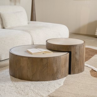 Eleonora Ronde Salontafel 'Hazel' Mangohout en marmer, Set van 2 stuks