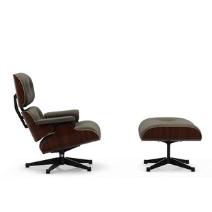 Vitra Lounge Chair & Ottoman - VitraNussbaumDunkel - Leder Premium F kaki - gepolijst/ zijkanten zwart