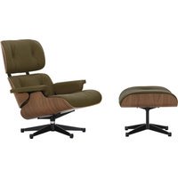 Vitra Lounge Chair & Ottoman - Leder Premium F kaki - VitraNussbaumNatur - gepolijst/ zijkanten zwart