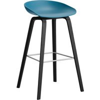 HAY About a Stool AAS 32 - kunststofglijders - Zithoogte 75 cm - voetbank roestvrij staal - zwarte lak op waterbasis - azure blue 2.0