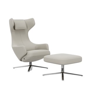 Vitra Grand Repos Fauteuil & Ottoman - Zithoogte 40 cm - Leder Premium F snow - gepolijst aluminium
