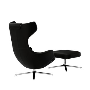Vitra Grand Repos Fauteuil & Ottoman - Zithoogte 40 cm - Lederen contrastnaad 66 nero - gepolijst aluminium