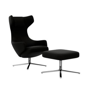Vitra Grand Repos Fauteuil & Ottoman - Zithoogte 45 cm - Leder Premium F nero - gepolijst aluminium