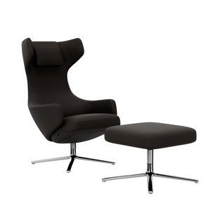 Vitra Grand Repos Fauteuil & Ottoman - Zithoogte 45 cm - Leder Premium F chocolate - gepolijst aluminium