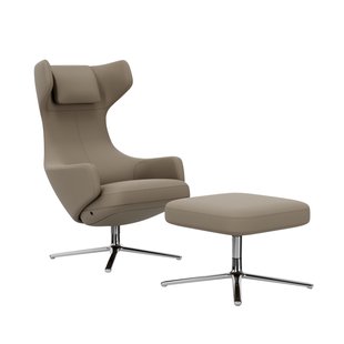 Vitra Grand Repos Fauteuil & Ottoman - Zithoogte 45 cm - Leder Premium F sand  - gepolijst aluminium