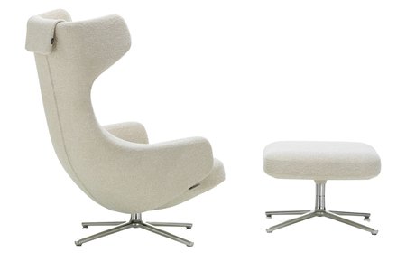 Vitra Grand Repos Fauteuil & Ottoman - Zithoogte 40 cm - ivoor/ parel - gepolijst aluminium