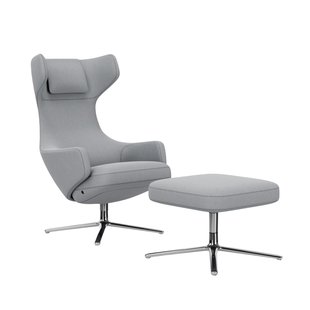 Vitra Grand Repos Fauteuil & Ottoman - Zithoogte 45 cm - Cosy2 kruissteek 12 lichtblauw - gepolijst aluminium