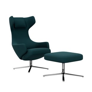 Vitra Grand Repos Fauteuil & Ottoman - Zithoogte 45 cm - Cosy2 kruissteek 18 benzine - gepolijst aluminium