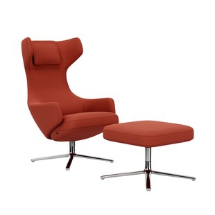 Vitra Grand Repos Fauteuil & Ottoman - Zithoogte 45 cm - Cosy2 kruissteek 15 roest oranje - gepolijst aluminium
