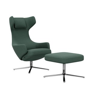 Vitra Grand Repos Fauteuil & Ottoman - Zithoogte 45 cm - Cosy2 kruissteek 17 riet groen - gepolijst aluminium
