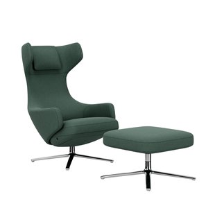 Vitra Grand Repos Fauteuil & Ottoman - Zithoogte 40 cm - Cosy2 kruissteek 17 riet groen - gepolijst aluminium