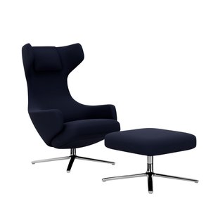 Vitra Grand Repos Fauteuil & Ottoman - Zithoogte 40 cm - Cosy2 kruissteek 21 donkerblauw - gepolijst aluminium