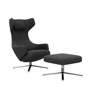 Vitra Grand Repos Fauteuil & Ottoman - Zithoogte 40 cm - Cosy2 Kreuzstichnaht classic grey - gepolijst aluminium