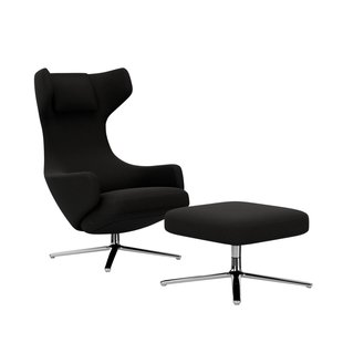 Vitra Grand Repos Fauteuil & Ottoman - Zithoogte 40 cm - Cosy2 Kreuzstichnaht merino black - gepolijst aluminium