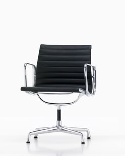 Vitra Aluminium Chair EA 108 - Glijders voor harde vloer - Leder nero - verchroomd