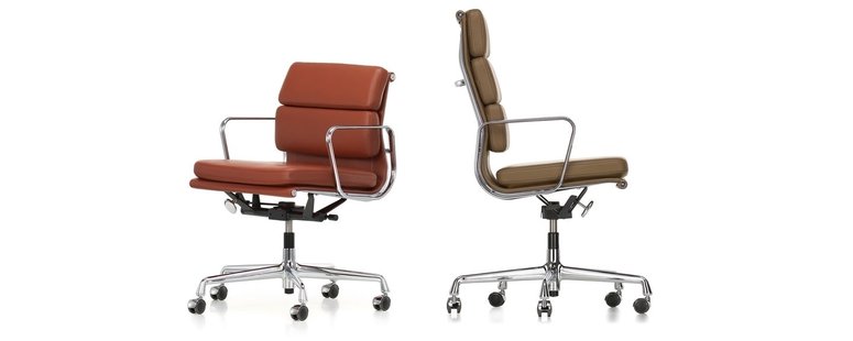 Vitra Aluminium Chair - Soft Pad - EA 217 - Wieltjes voor harde bodems - Leder Premium F/Plano - klei/perkament-creme wit - diepzwart