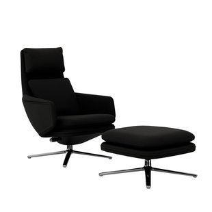 Vitra Grand Relax met Ottoman - gepolijst aluminium - Leer zwart