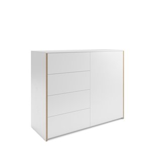 Müller Möbelwerkstätten Modulaire Plus commode met één deur en vier laden - Melamine/wit & berkenmultiplexrand - deur rechts