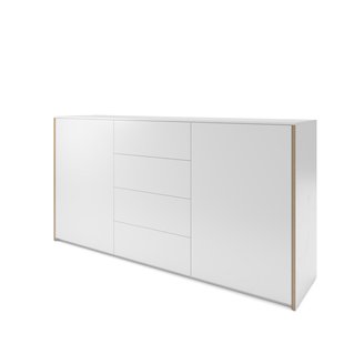 Müller Möbelwerkstätten Modular Plus Sideboard met twee deuren en vier laden - Melamine/wit & berkenmultiplexrand