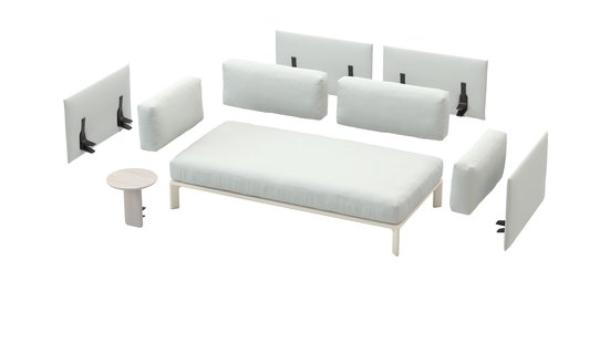 Vitra Anagram 2-zitsbank - met decoratiekussen / aanbouwtafel - LaserRE 65 eisblau/crème - krijt gepoedercoat