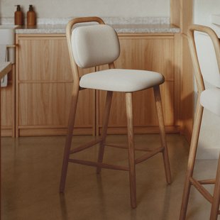 Kave Home Barkruk 'Helda' Chenille en eikenhout, kleur Beige (zithoogte 66cm)