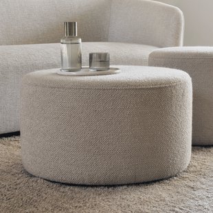 Ethnicraft Poef 'Barrow' 60cm, Structuurstof, kleur Off White