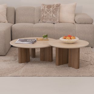 LifestyleFurn Ronde Salontafel 'Laycie' Keramiek in Travertin-look, Set van 2 stuks